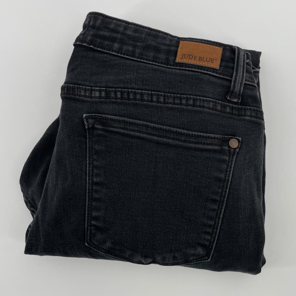 Judy Blue Leopard Patch Distressed Skinny Jeans Black Frayed Hem Size 11/30